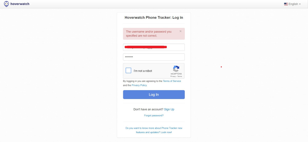 Hoverwatch invalid login